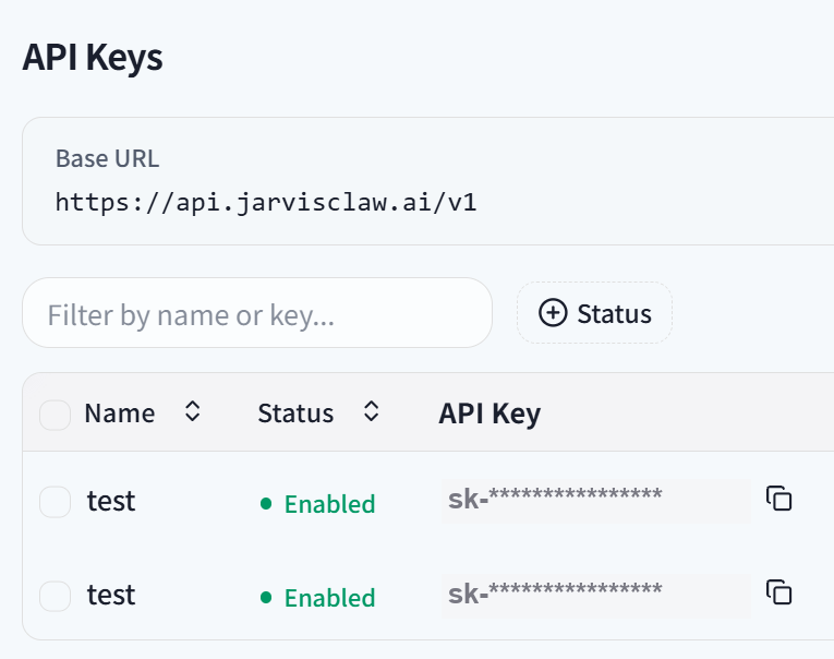 API Keys page